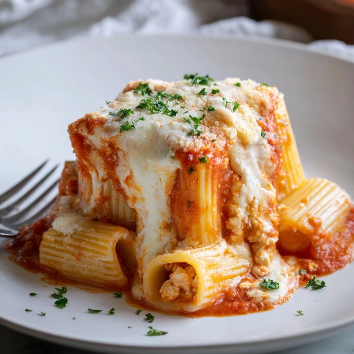 Golden Honeycomb Pasta Cake topped with melted cheese and fresh parsley garnish.  