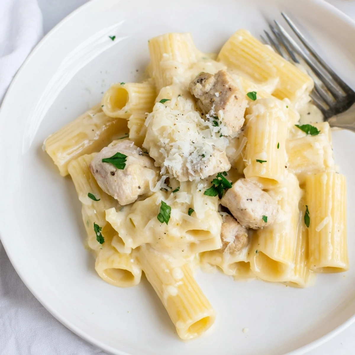 Creamy Garlic Parmesan Chicken Rigatoni served in a bowl with fresh parsley garnish.