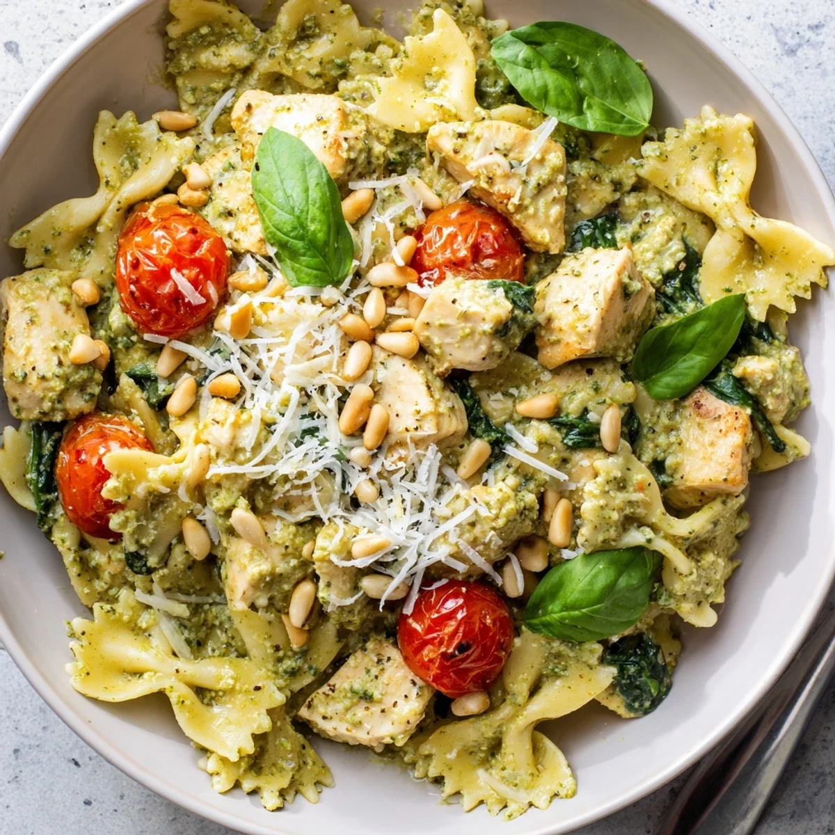 Flavorful Pesto Chicken Bowtie Pasta featuring tender chicken in a rich pesto sauce.