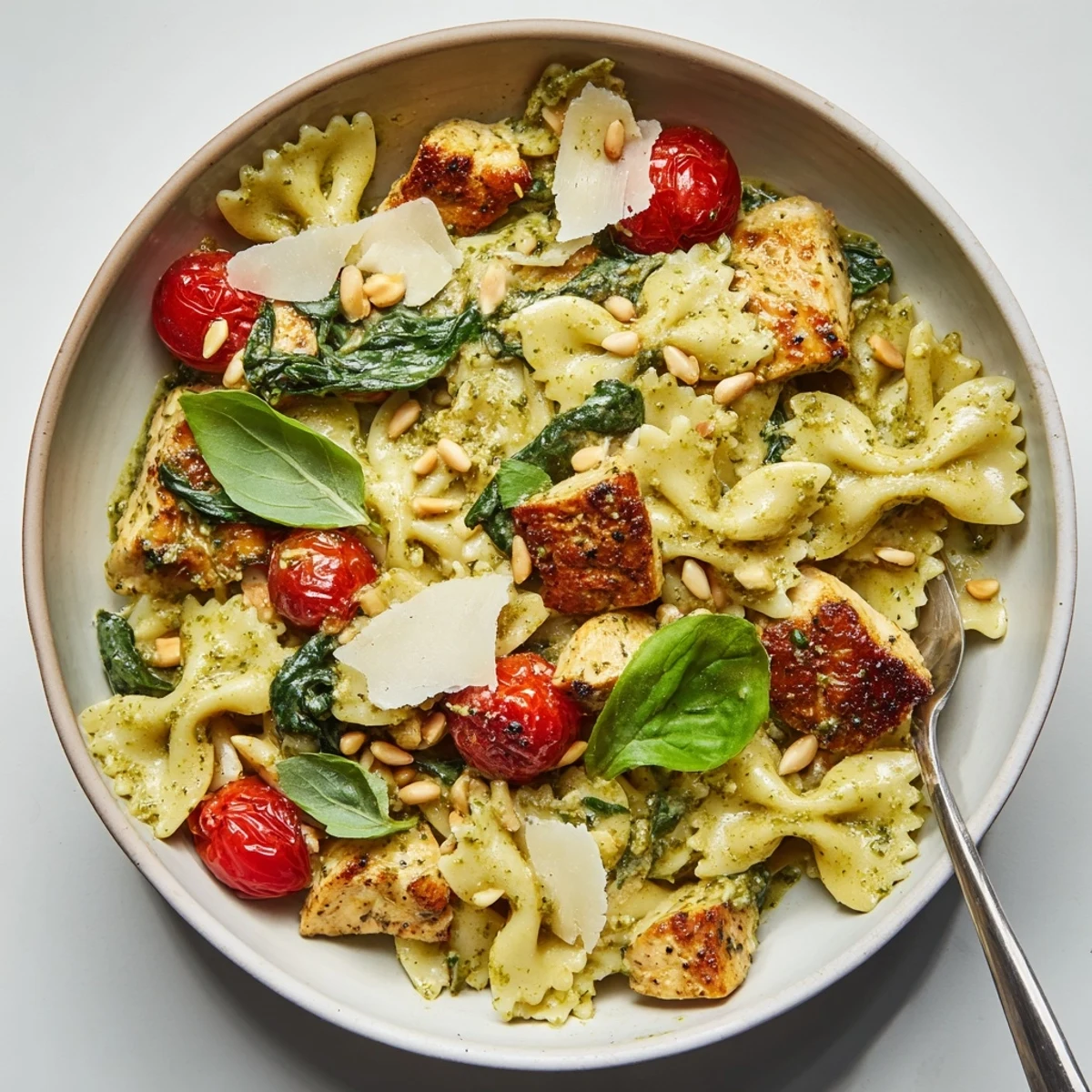 Creamy basil Pesto Chicken Bowtie Pasta dish served with cherry tomatoes and spinach.  