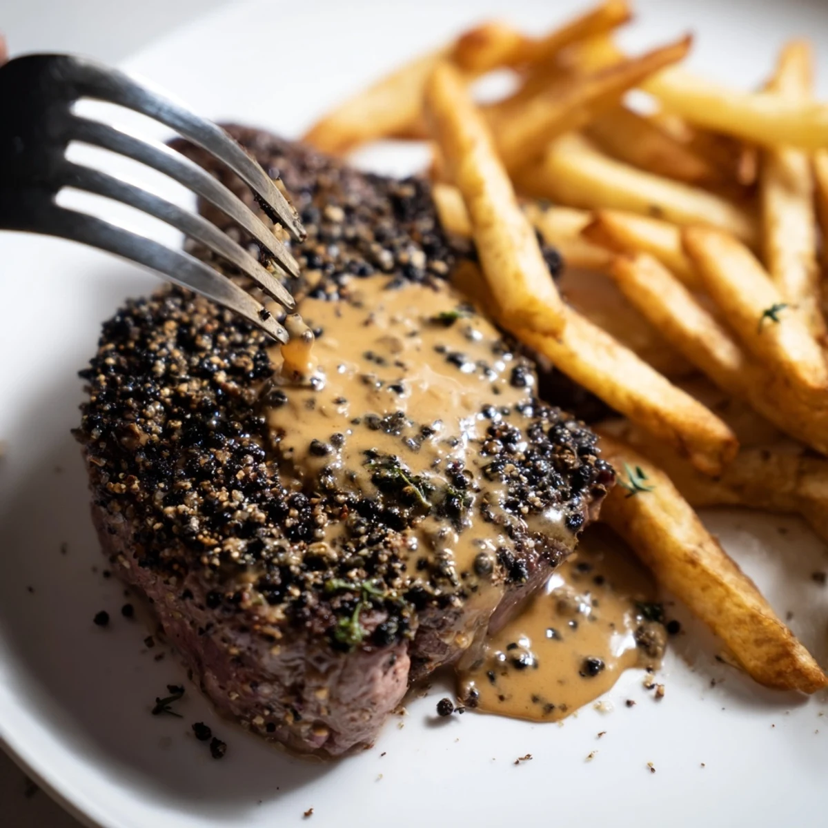Juicy Classic Peppercorn Ribeye with crispy fries, perfect for a hearty meal.  
