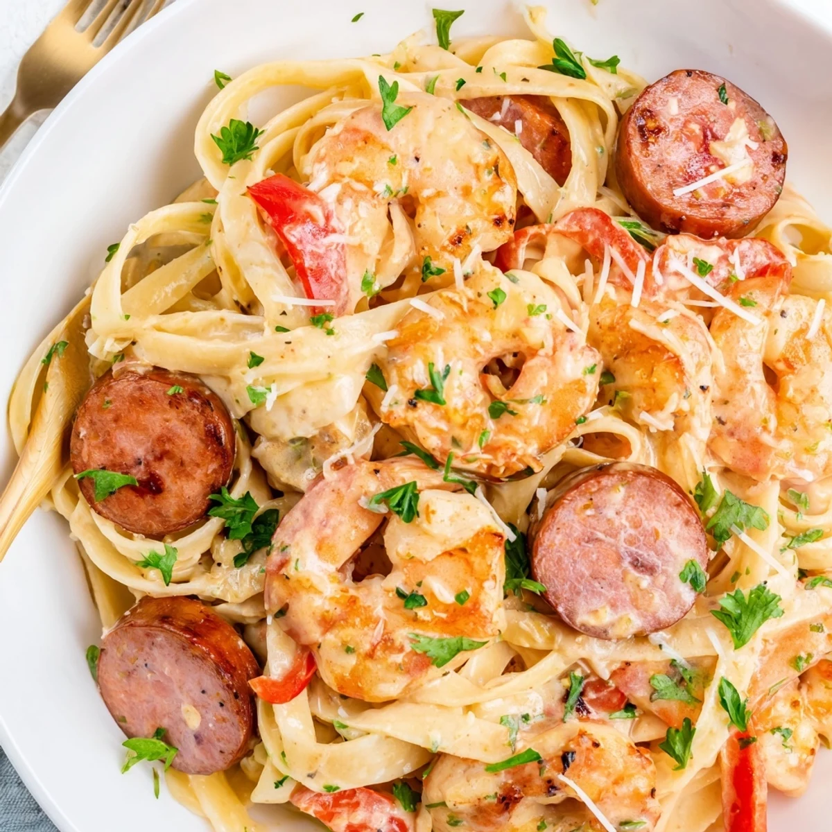 Creamy Cajun Sausage & Shrimp Alfredo Pasta Skillet topped with fresh parsley and spices.  