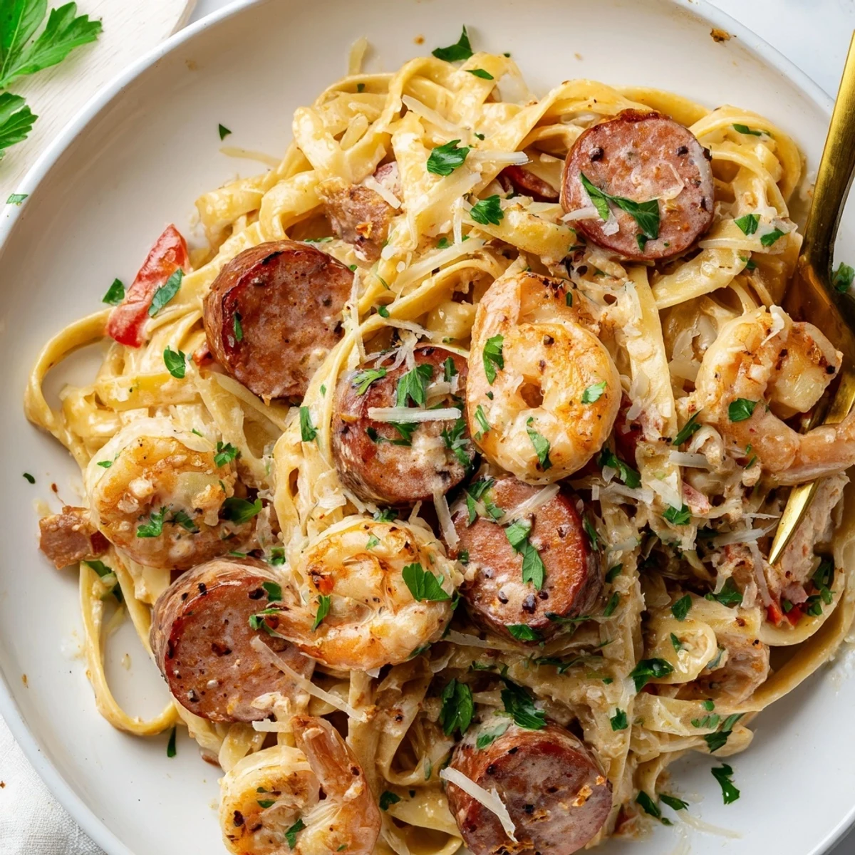 Hearty Cajun Sausage & Shrimp Alfredo Pasta Skillet ready in one pan for easy weeknight meals.
