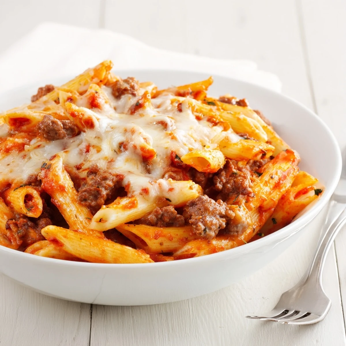 Hearty Cheesy Beef & Penne Bake topped with bubbling golden cheese and fresh herbs.  