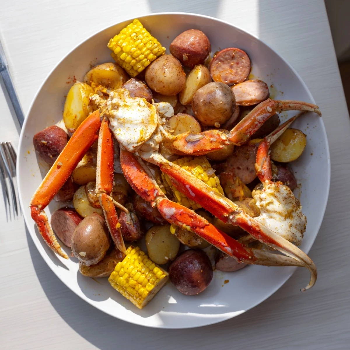 Steaming seafood boil with crab, shrimp, sausage, and corn ready for a delicious feast.