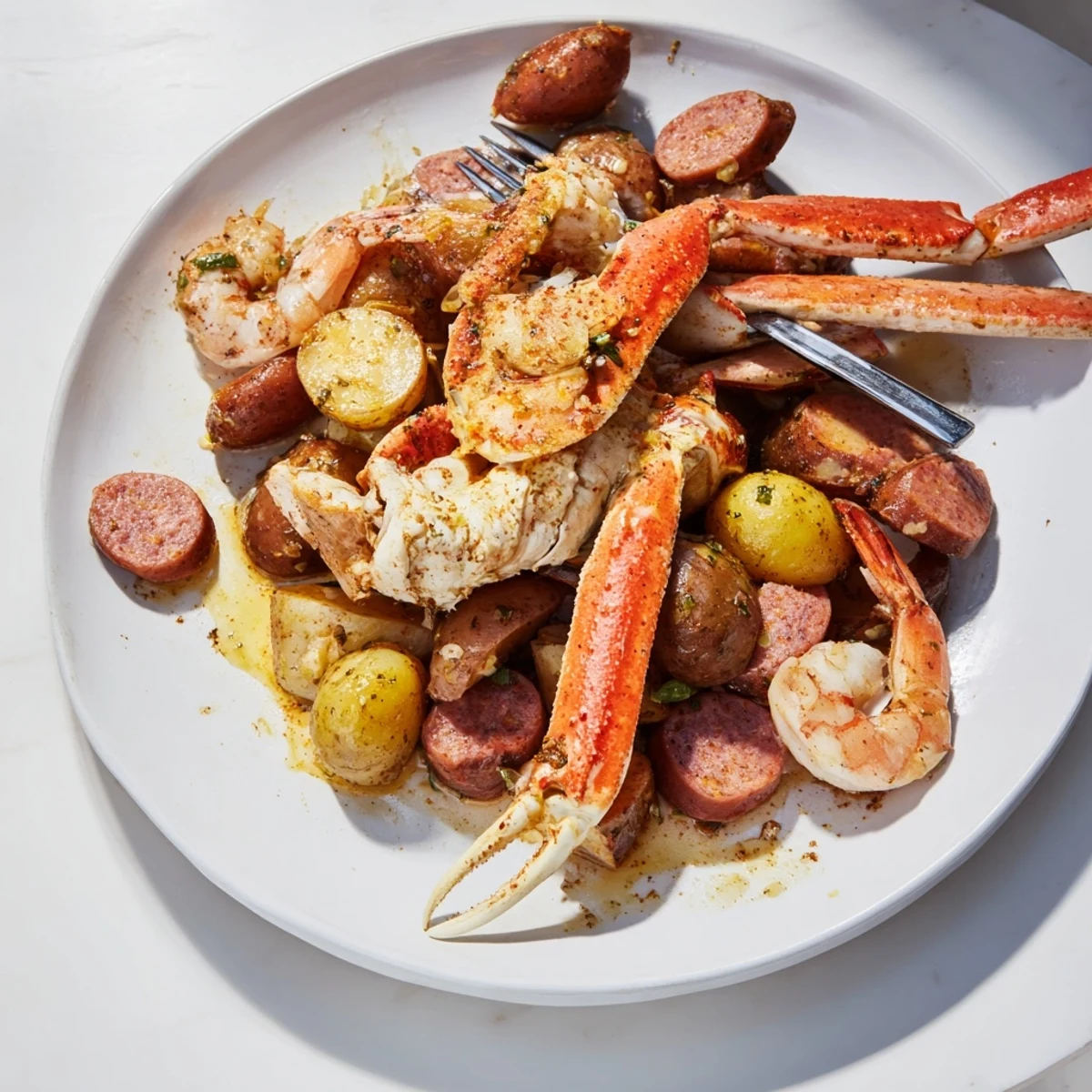 Vibrant image of a freshly prepared seafood boil: crab, shrimp, sausage, and corn served with lemons.