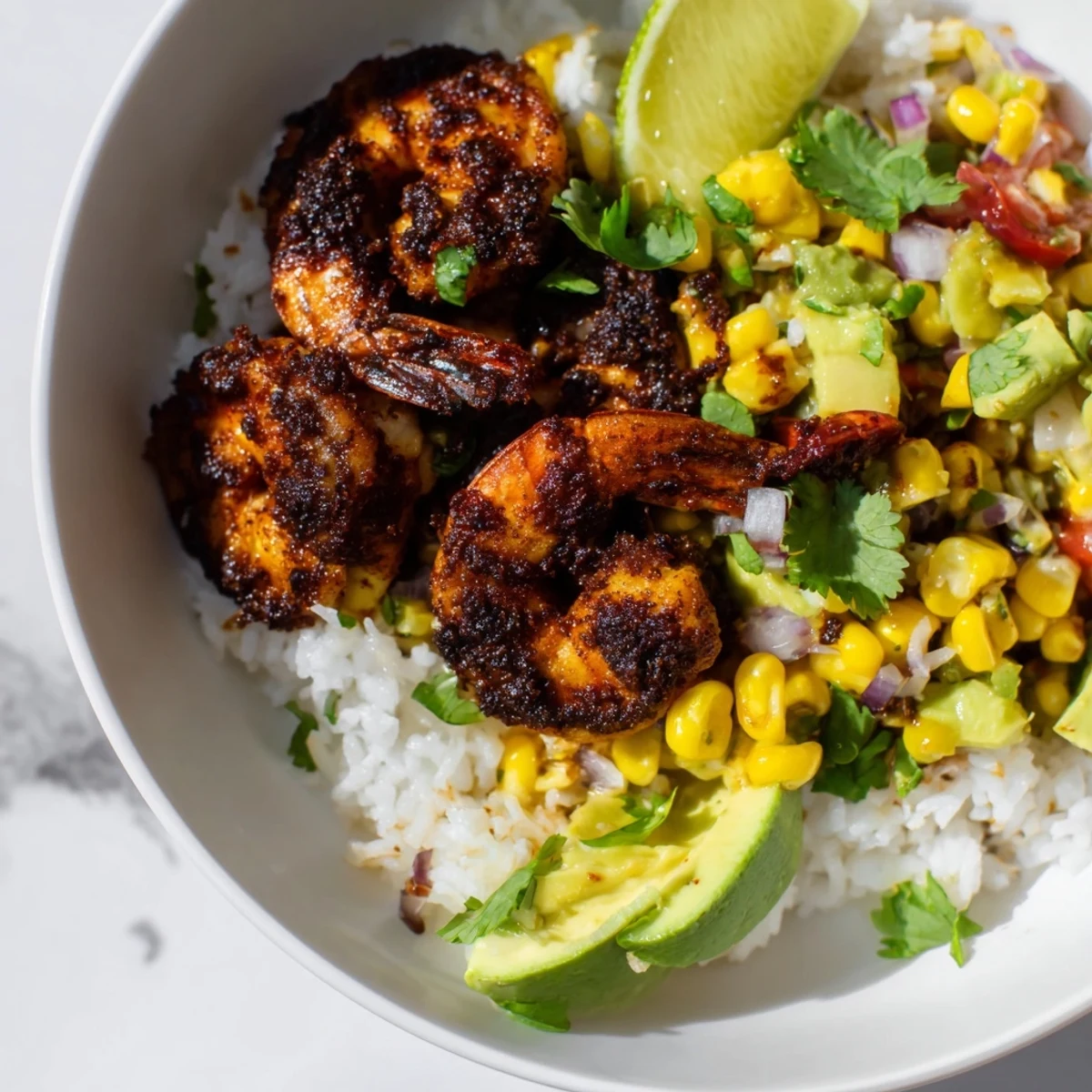 A close-up of a Blackened Shrimp Bowl, showing the vibrant colors of fresh ingredients.