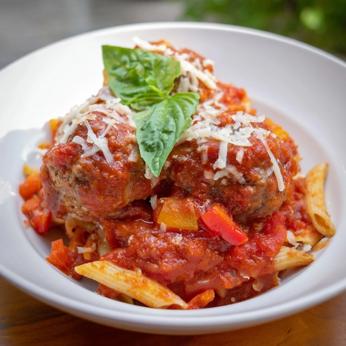 A one-pan Italian Meatball Pasta Skillet—delicious pasta and juicy meatballs smothered in rich tomato sauce.