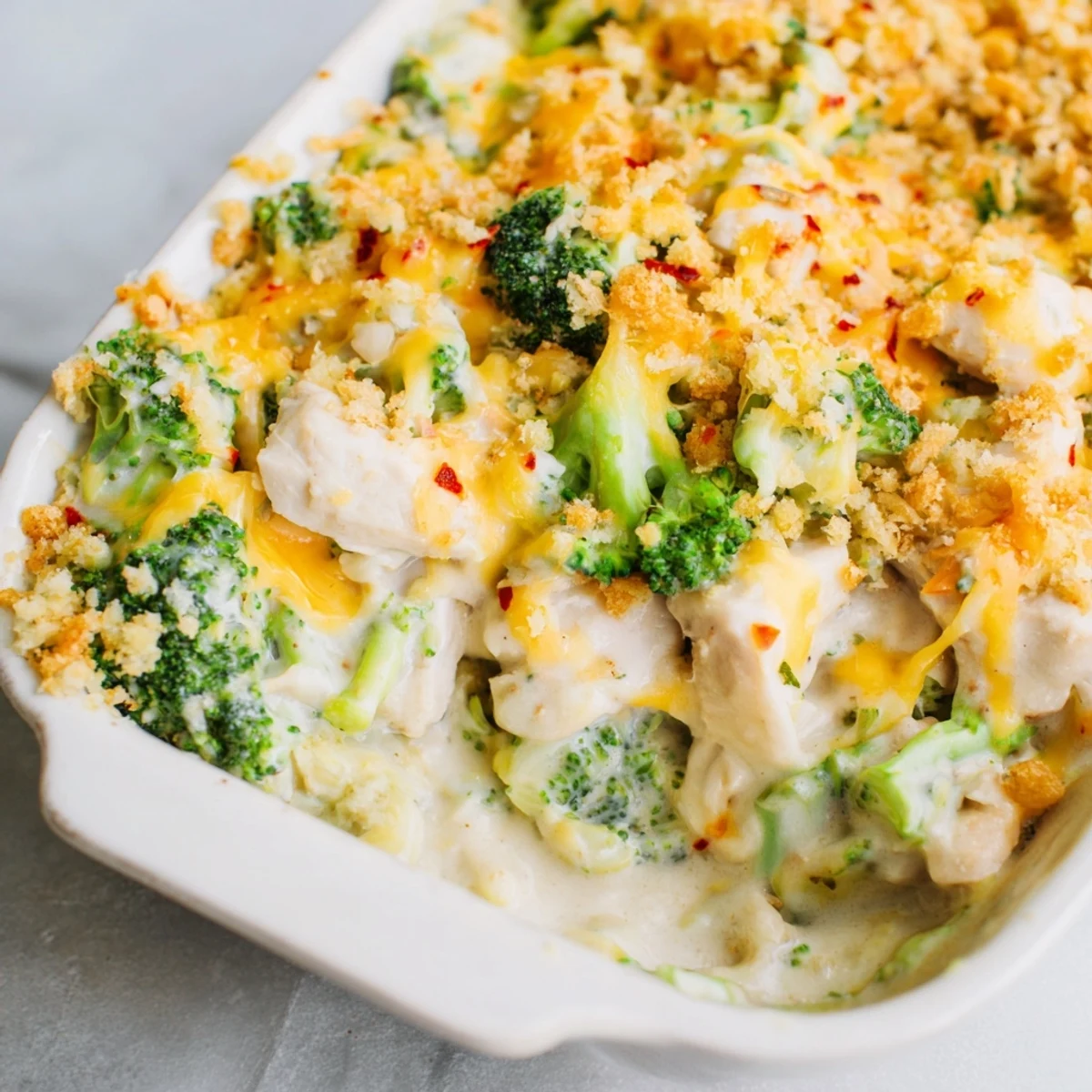 A close-up of a creamy Chicken & Broccoli Cheddar Bake, revealing tender chicken and broccoli.