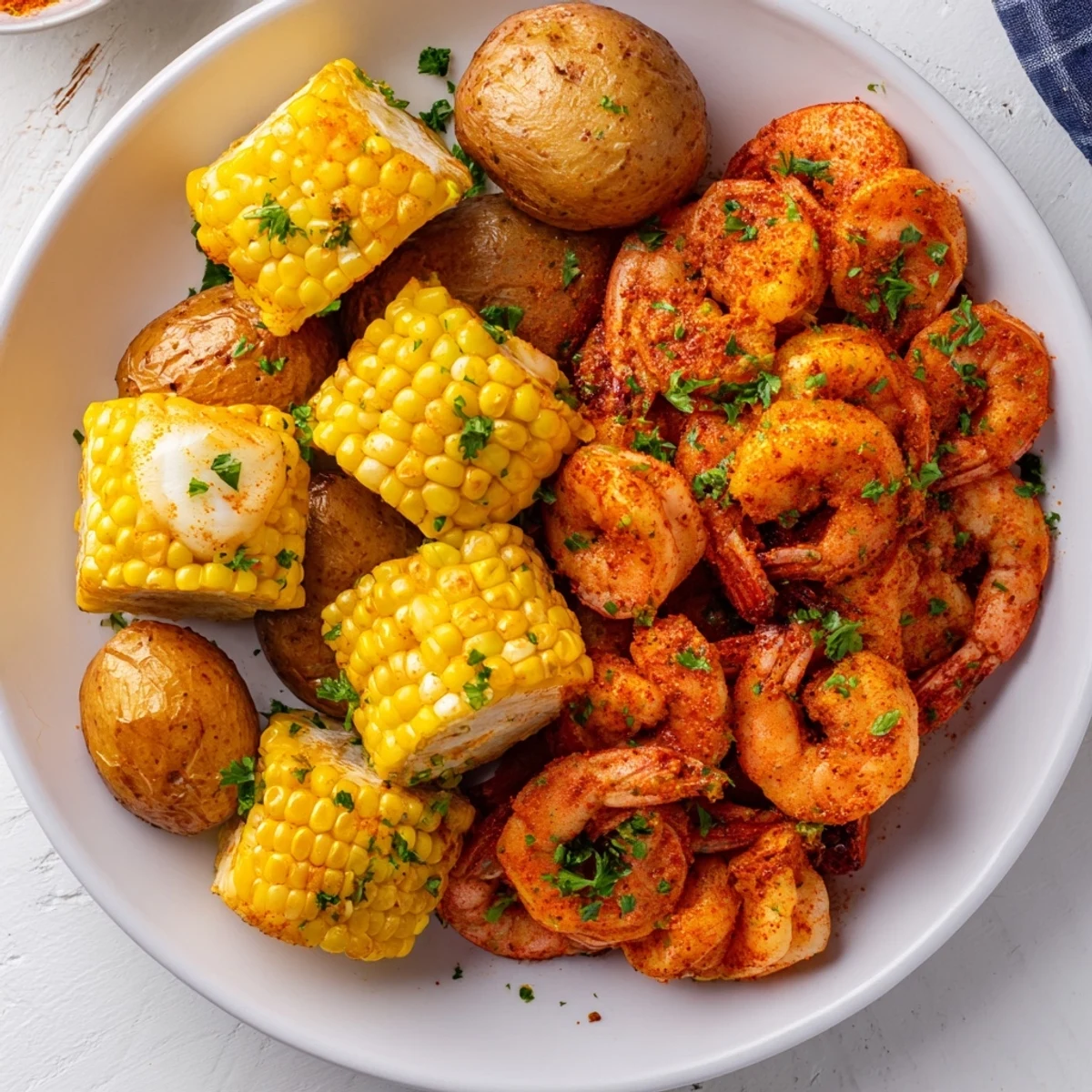 Golden-browned Cajun Shrimp & Sweet Corn Platter with roasted potatoes, offering a spicy, smoky aroma.