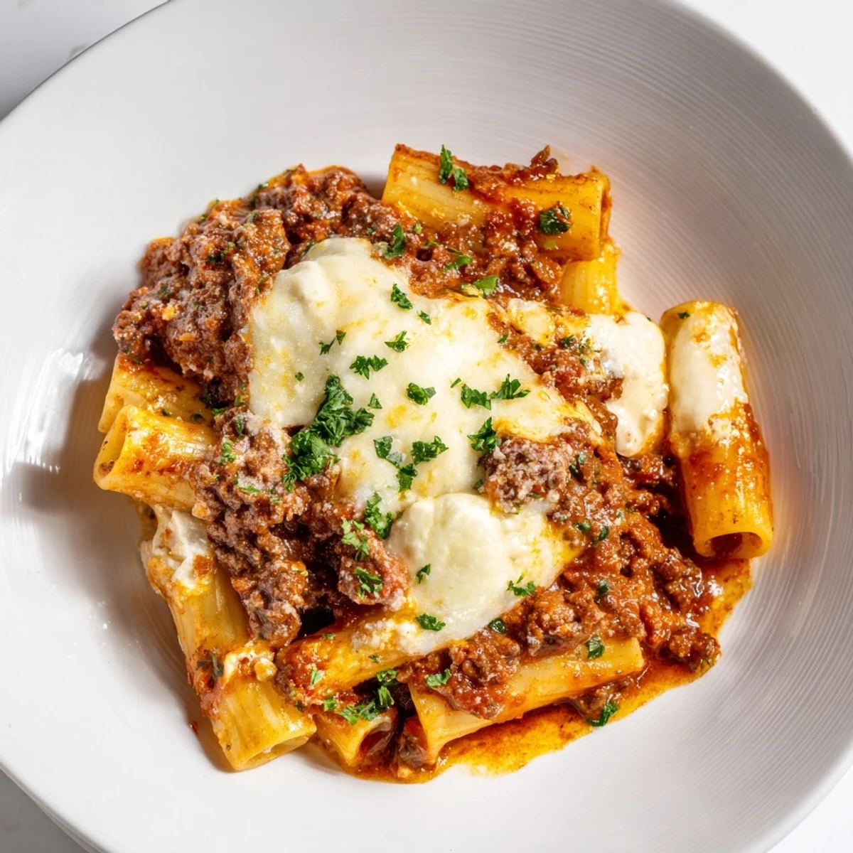 Hearty Baked Ziti with Meat Sauce: a warm, cheesy Italian comfort food favorite ready to eat now.