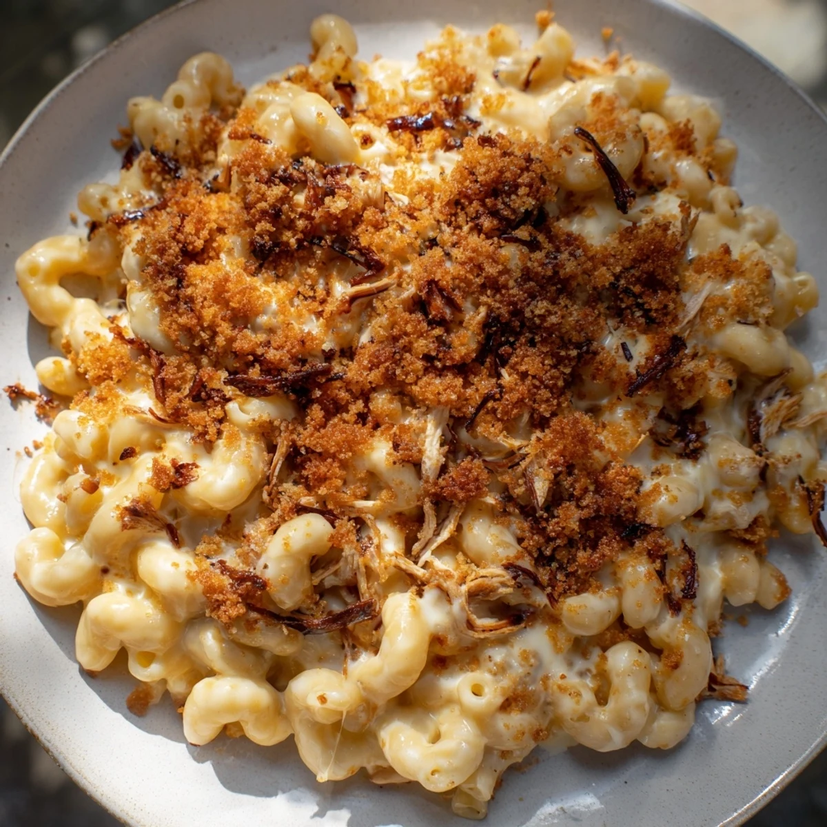 A hearty plate of Classic Mac & Cheese with BBQ Chicken, loaded with melty cheese and smoky chicken.