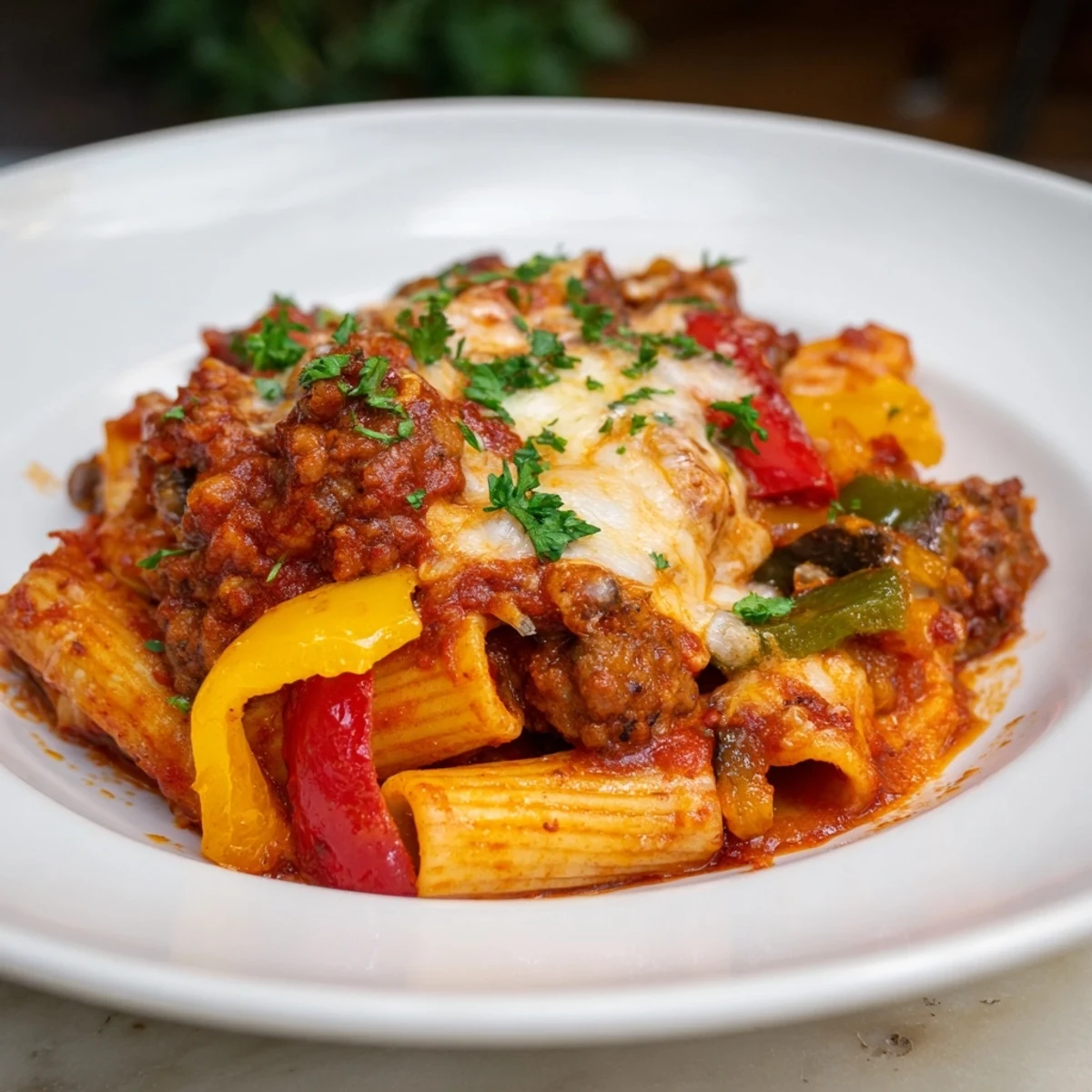 Golden-brown, baked rigatoni with sausage and peppers, a family-favorite Italian-American casserole dish.