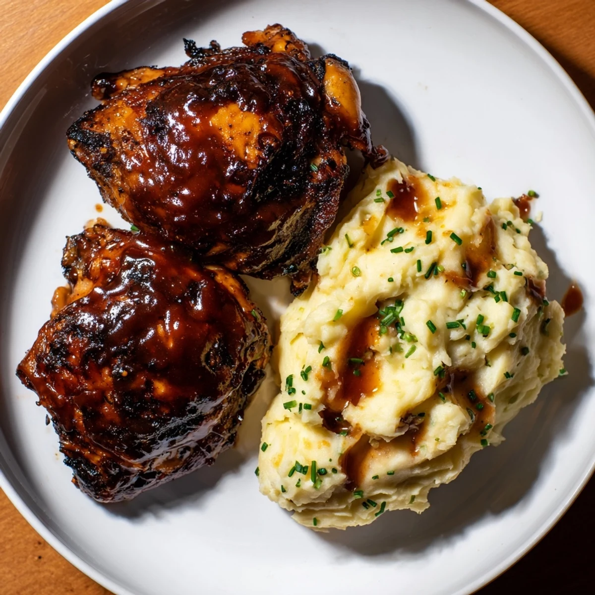 Golden, oven-baked Honey BBQ Chicken Thighs glistening with sauce, served atop fluffy garlic mashed potatoes.