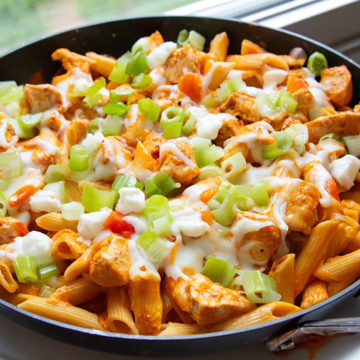 Creamy Buffalo Chicken Pasta Skillet, bubbling hot, with melted cheese and fresh green onions sprinkled on top.