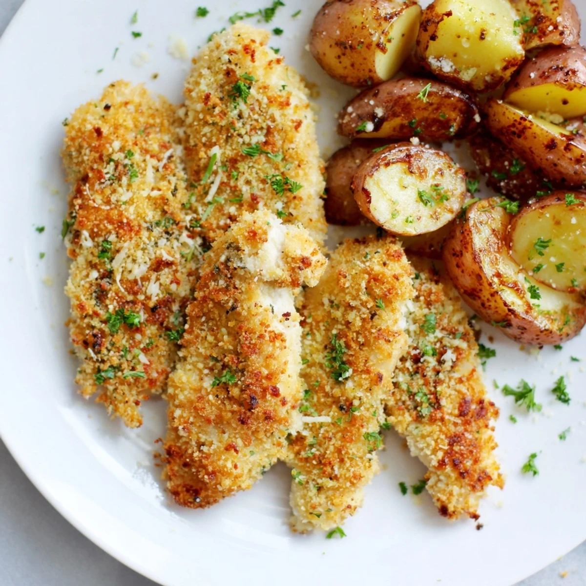 Oven-baked Parmesan crusted chicken & potatoes, featuring flavorful herbs atop perfectly roasted baby potatoes.