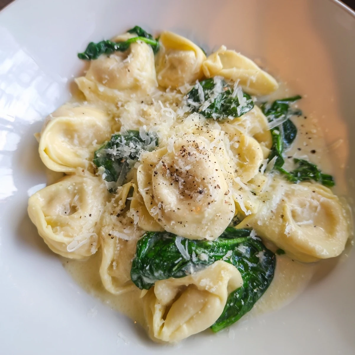This comforting Creamy Spinach Alfredo Tortellini dish features cheese-filled pasta coated in a creamy sauce.