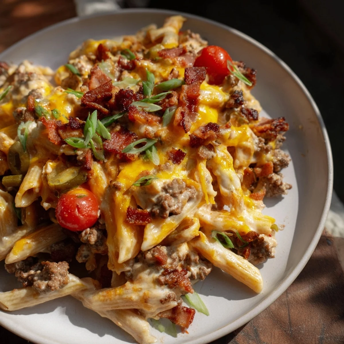 Creamy, cheesy Bacon Cheeseburger Pasta Bake with a crispy, golden brown topping, ready to serve.