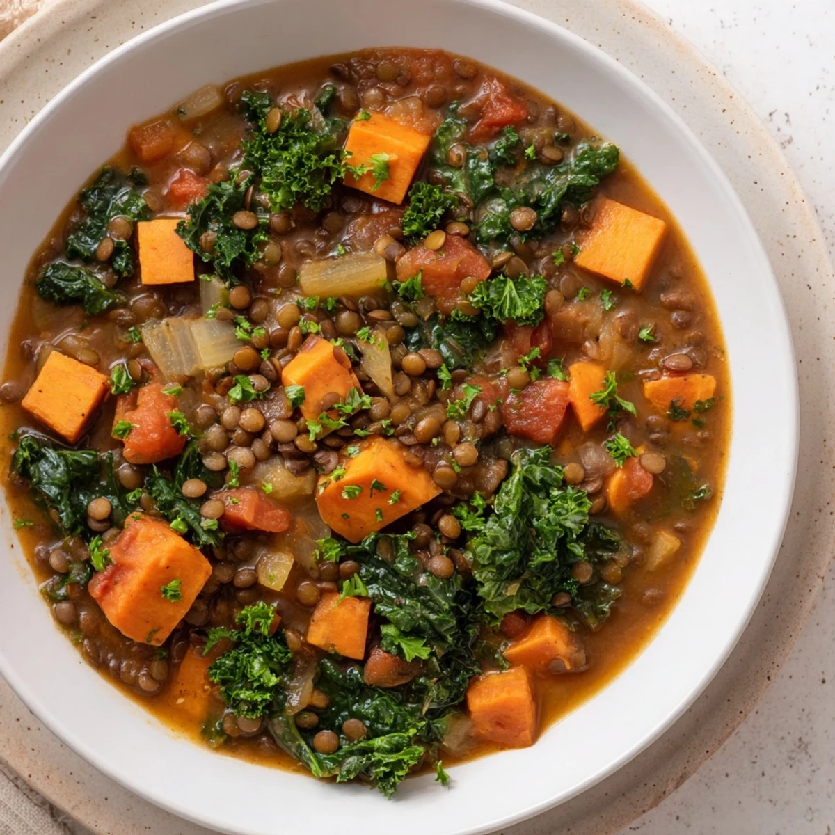 Steaming bowl of Winter Vegetable & Lentil Soup with a vibrant mix of colorful, tender vegetables.