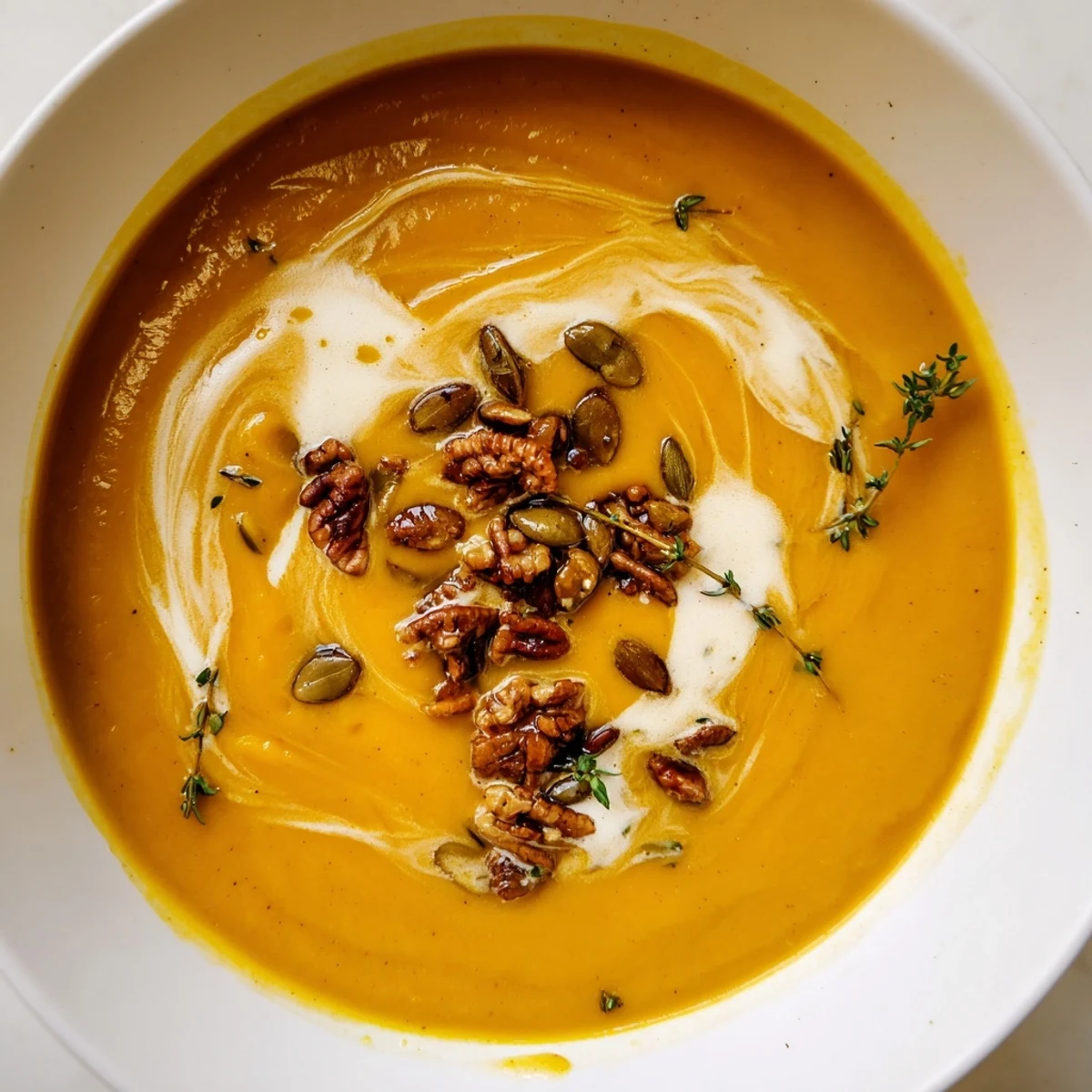 Smooth, vibrant orange Creamy roasted acorn squash soup, drizzled with cream and sprinkled with fresh thyme.