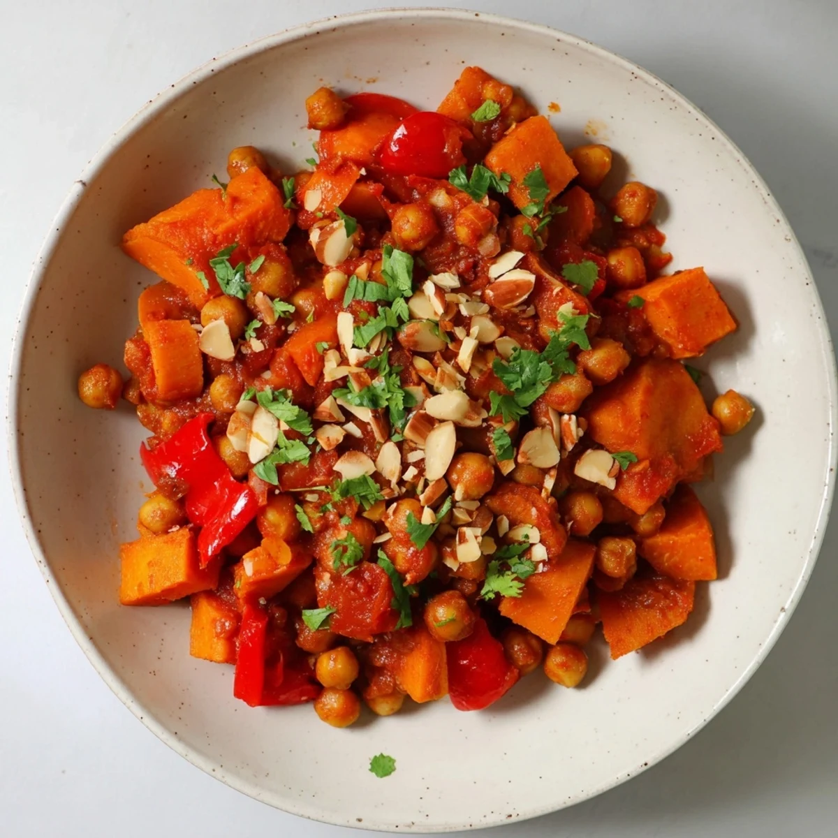 Steaming Moroccan Chickpea & Sweet Potato Tagine, richly spiced and garnished with fresh cilantro, ready to serve.