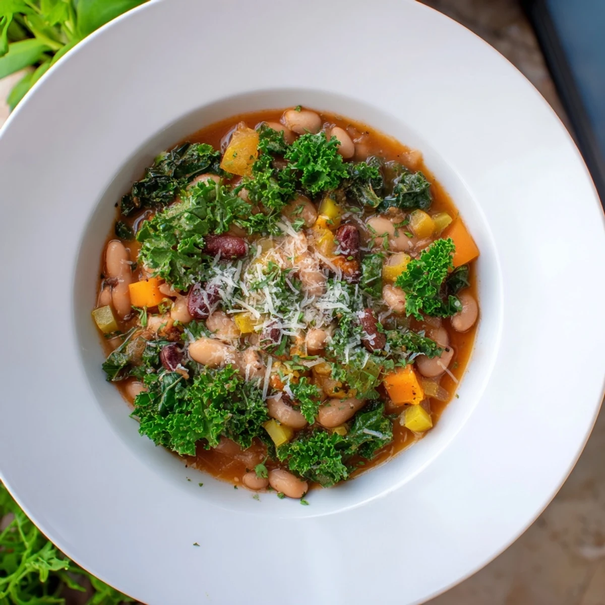 Flavorful Italian Bean & Kale Stew, served hot in a bowl, perfect for a cozy, satisfying dinner.