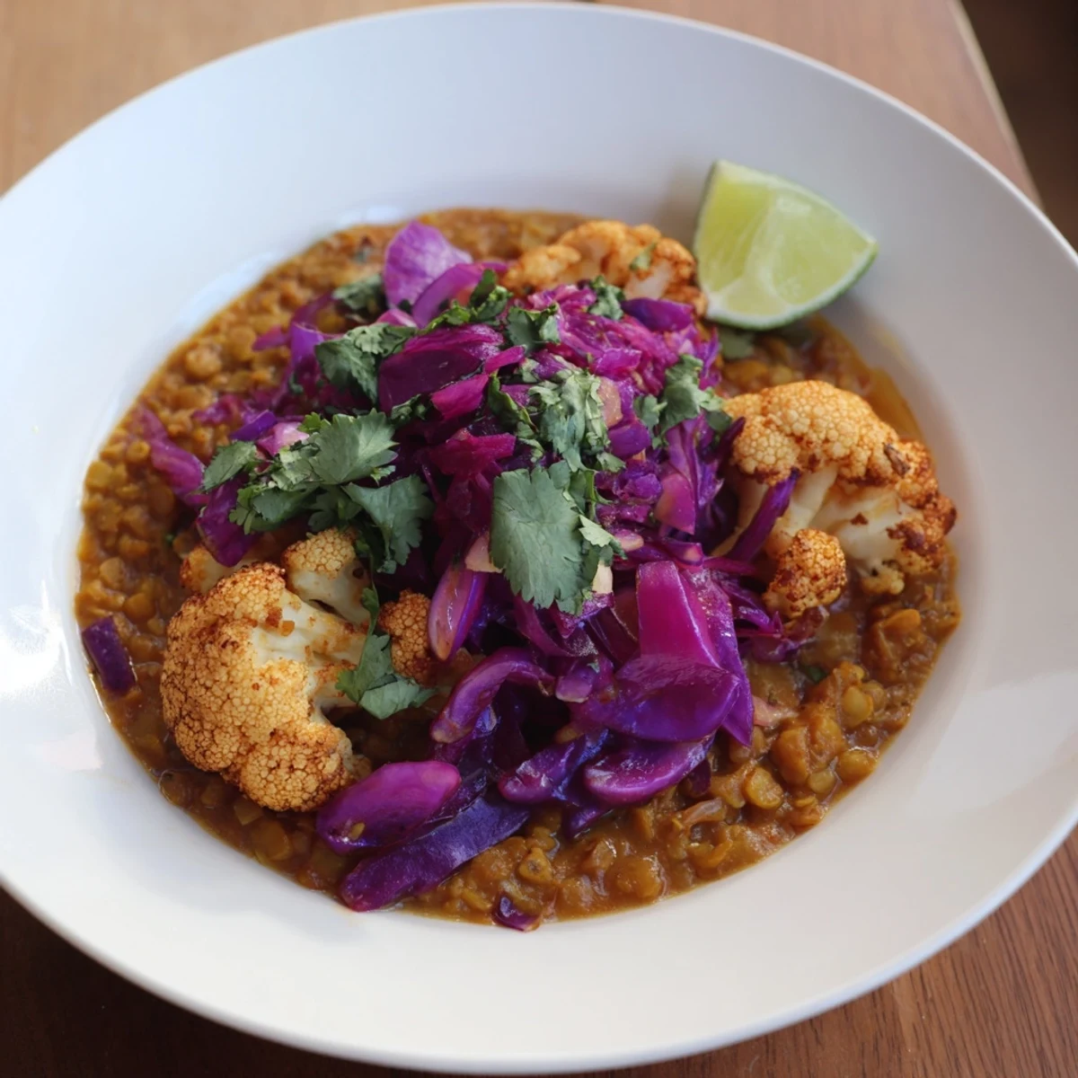 Steaming bowl of Red Cabbage, Cauliflower & Coconut Dhal, garnished with fresh cilantro and lime wedges.