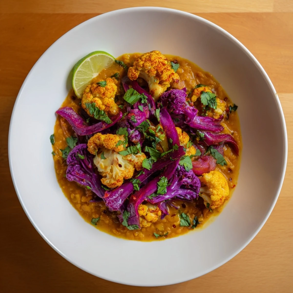 This warm and hearty Red Cabbage, Cauliflower & Coconut Dhal boasts vibrant colors and aromatic spices.