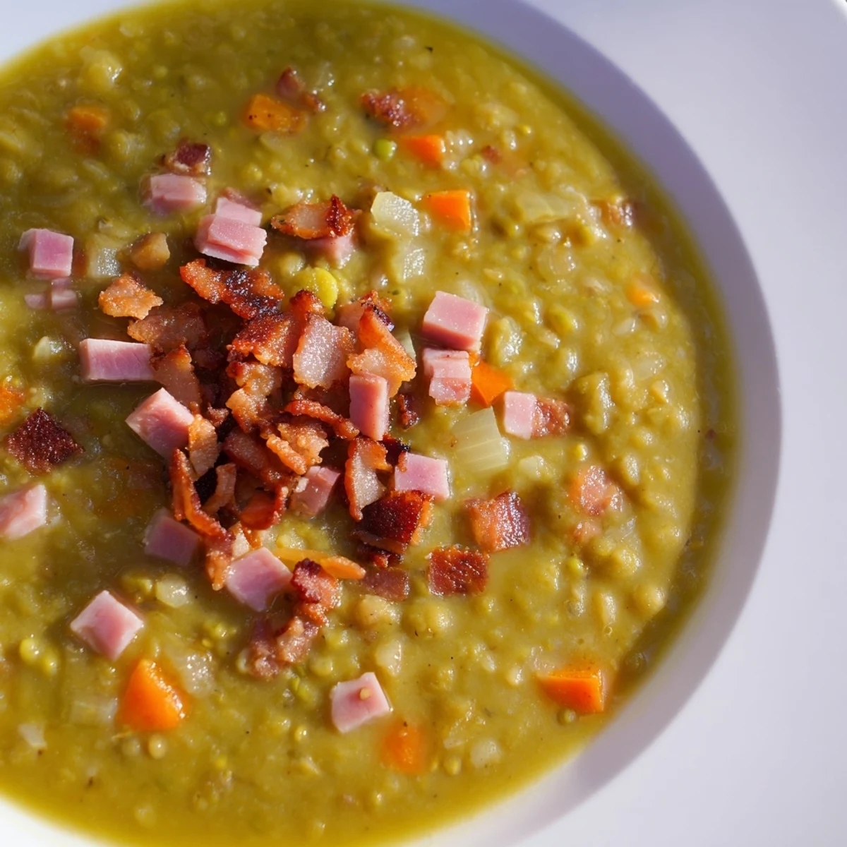 A warm bowl of split pea soup with canned ham, a comforting meal on a cold day.
