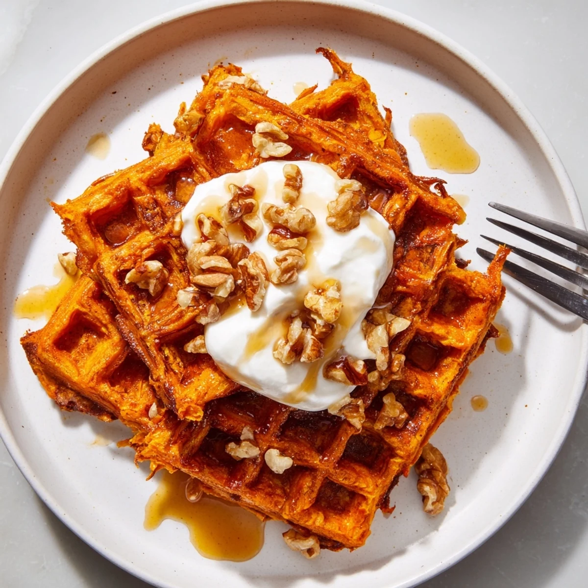 Fluffy, golden Sweet Potato Waffle Hack served with fresh berries, perfect for a cozy breakfast.