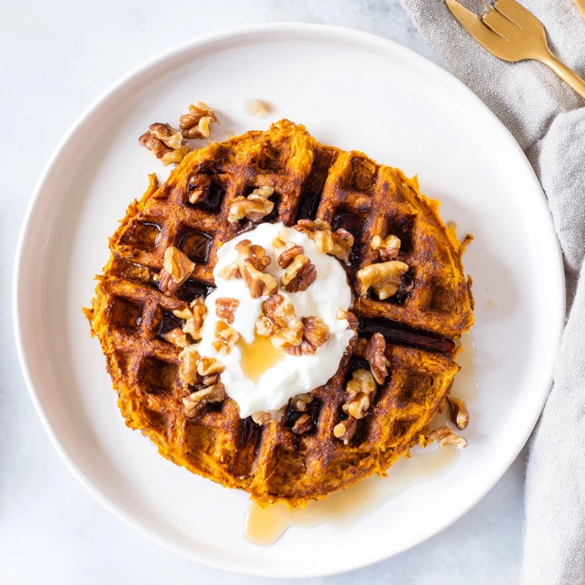 Crispy Sweet Potato Waffle Hack, a quick and delicious breakfast, drizzled with sweet maple syrup.