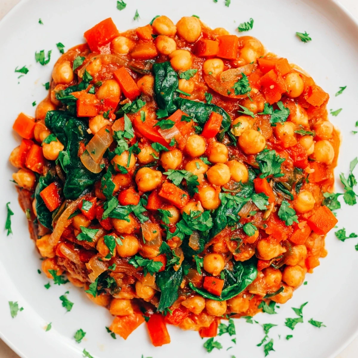 Golden-brown Vegetarian Chickpea & Spinach Skillet, served sizzling with fresh herbs and lemon.