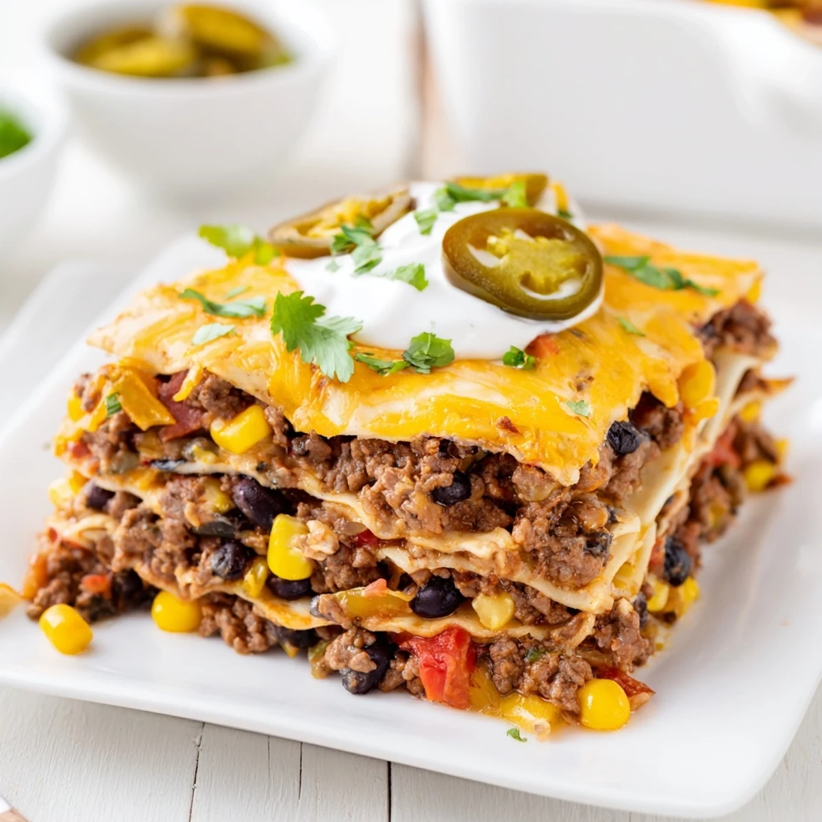 A bubbling, cheesy Taco Lasagna, ready to be sliced, showcasing its comforting layers.