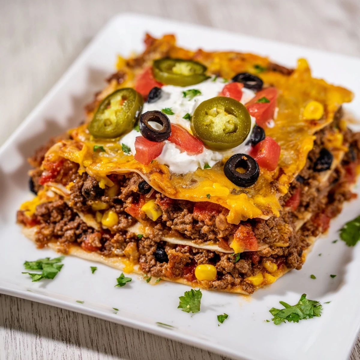 Golden-brown Taco Lasagna with melted cheese, brimming with flavorful meat and vegetables ready to serve.