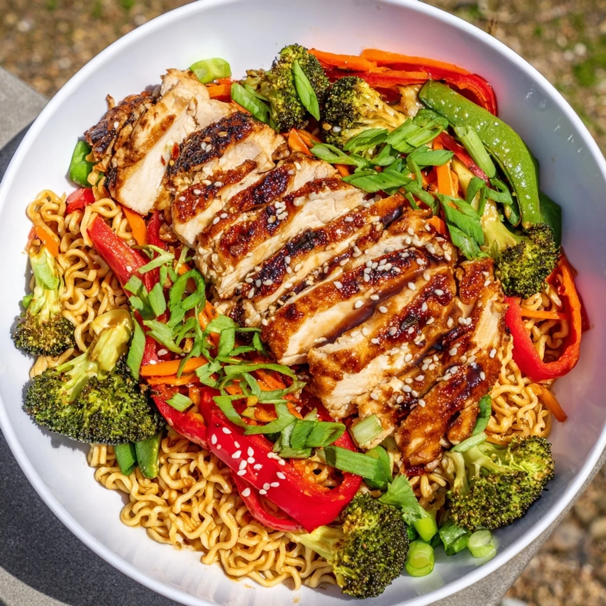 A close-up of sheet-pan crispy ramen, featuring glistening noodles, tender chicken, and vibrant veggies.