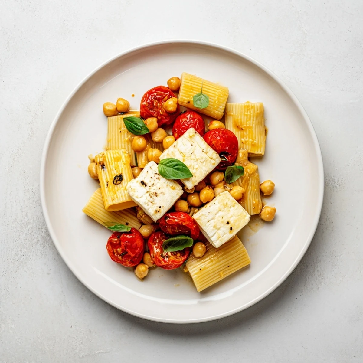 Creamy baked feta chickpea and tomatoes over pasta: a Mediterranean delight with melted feta.