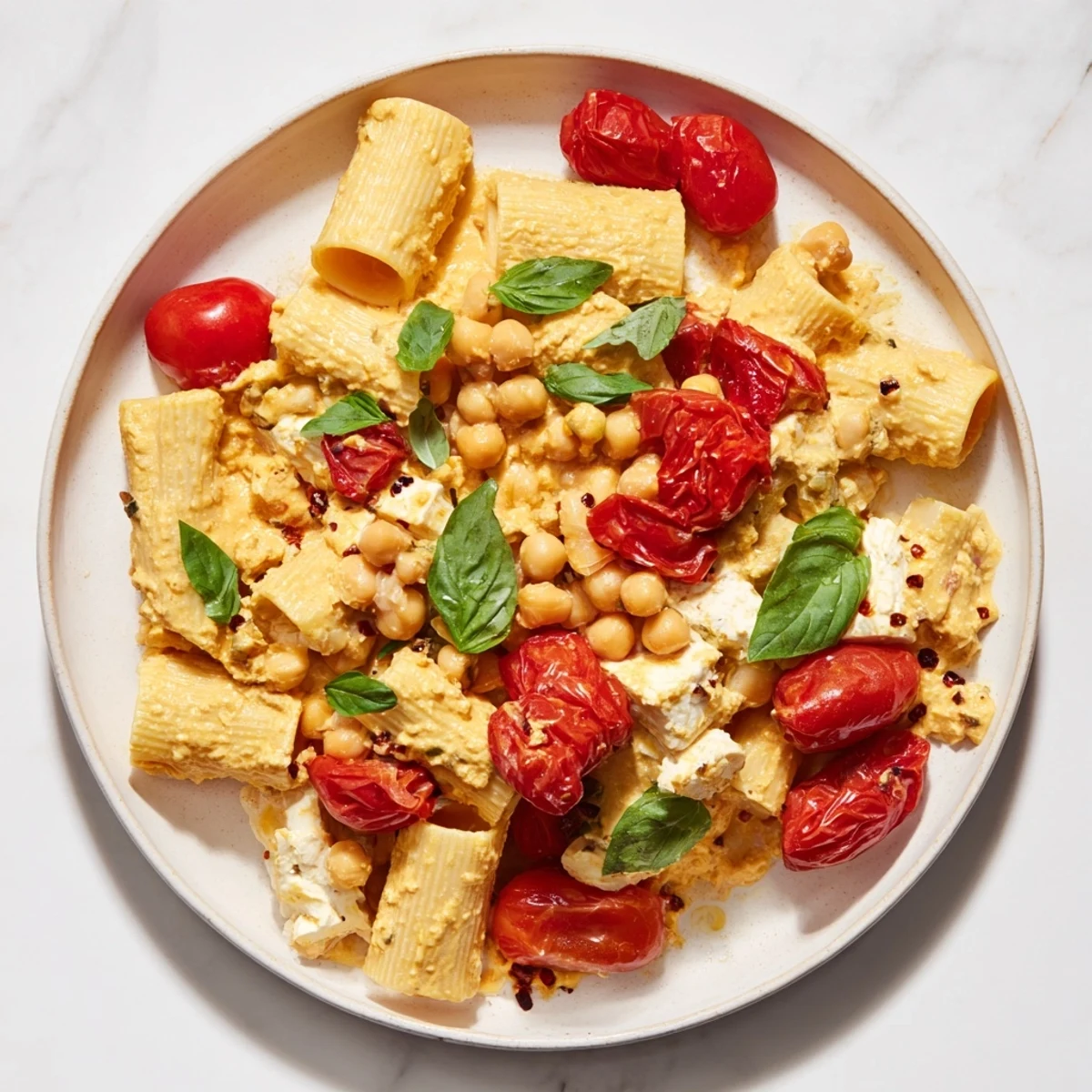 Golden, bubbly baked feta chickpea recipe, served atop al dente pasta with fresh basil garnish.