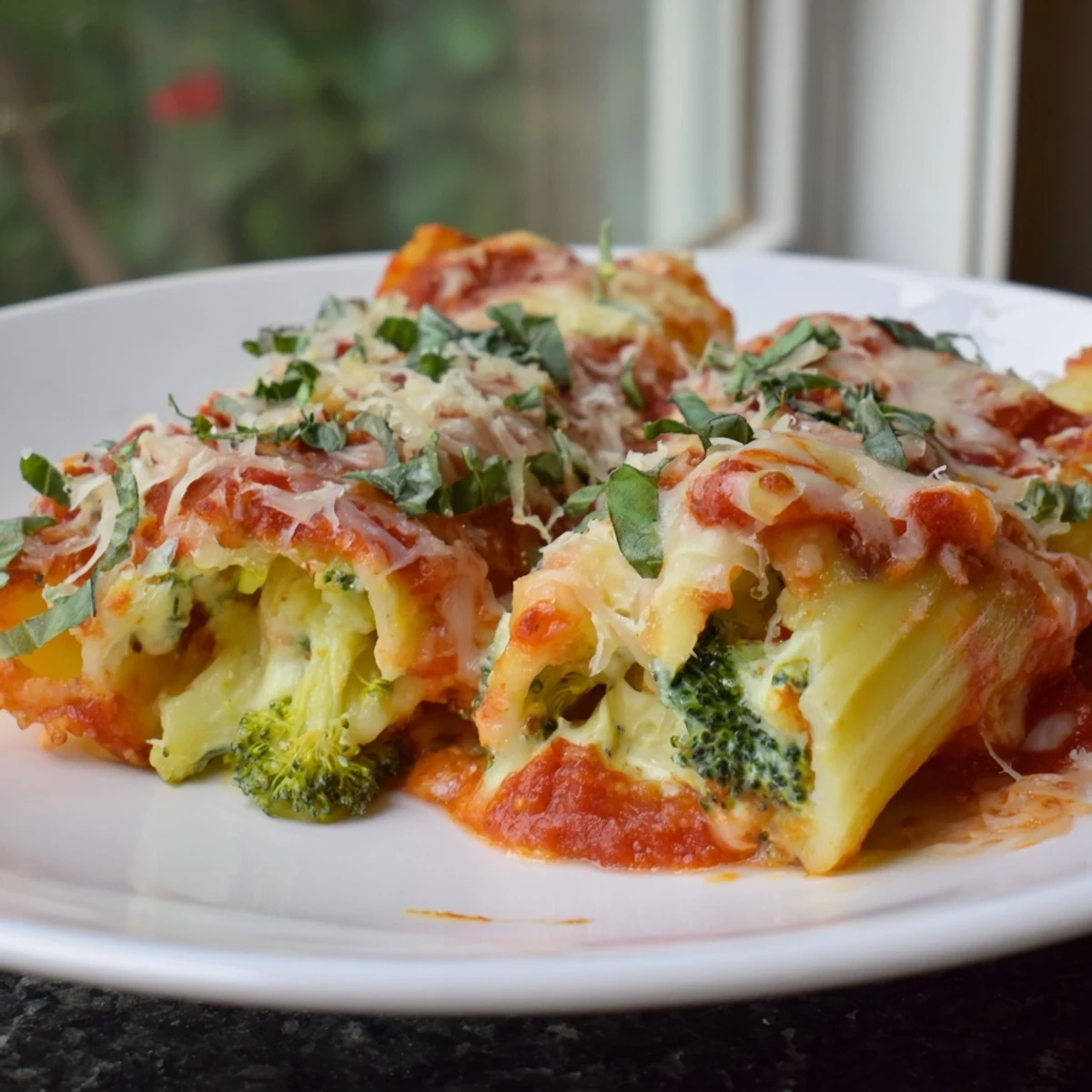 A close-up of cheesy, steaming Cozy Broccoli Stuffed Manicotti, perfect after a long day.