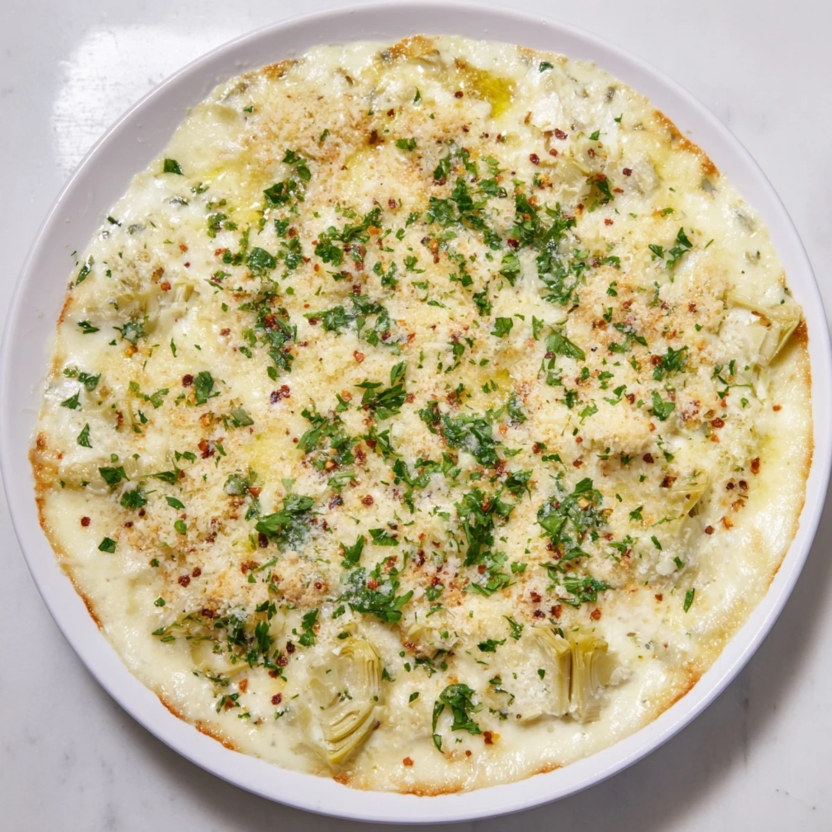 Golden-brown baked artichoke dip, a creamy appetizer with bubbling cheese, perfect for dipping.