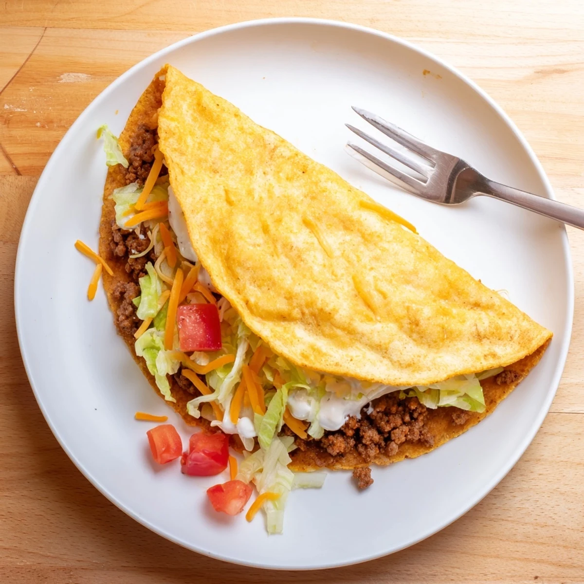 Up-close shot of a finished Cheesy Gordita Crunch Taco overflowing with seasoned beef and fresh toppings.