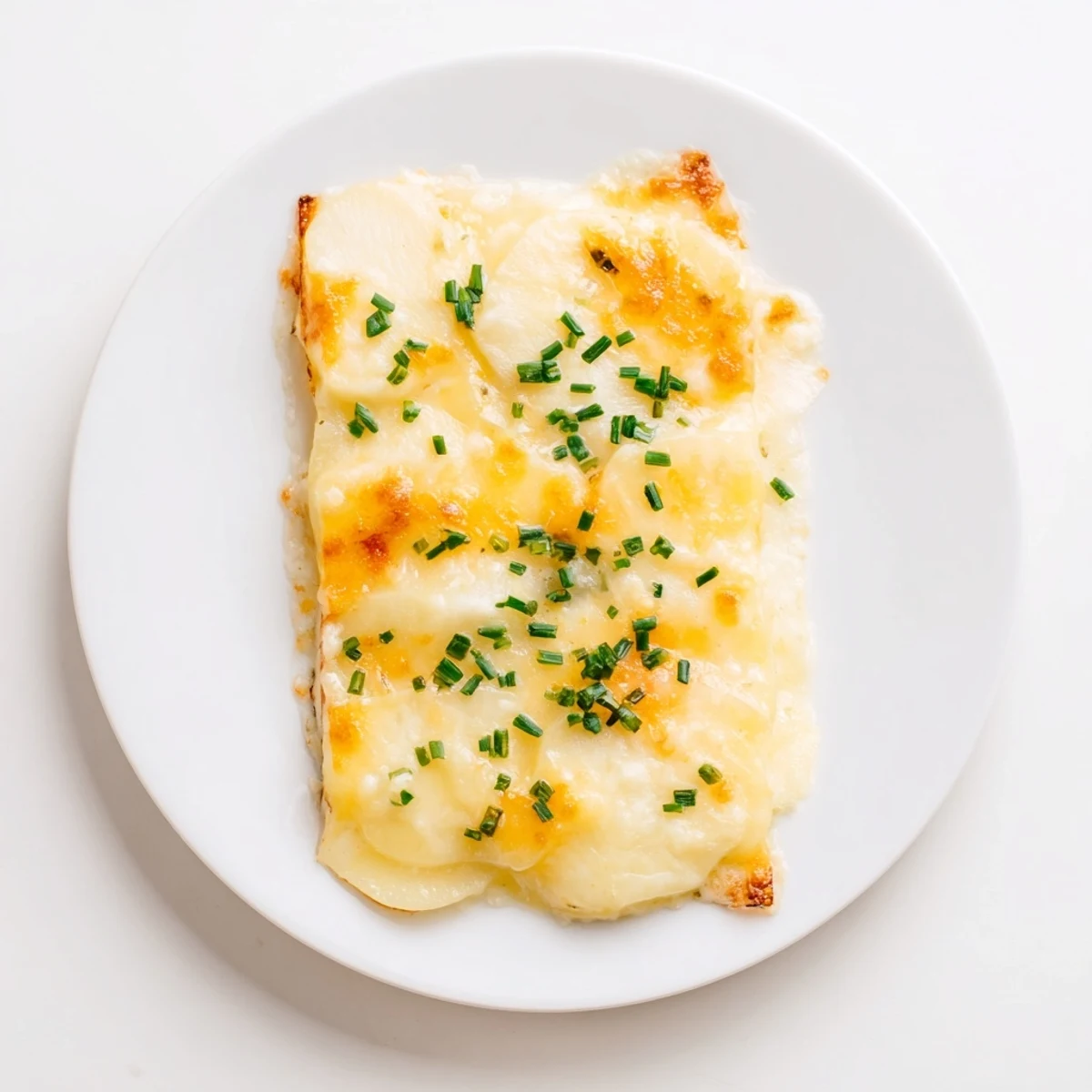 Golden, bubbly, and cheesy: a close-up of baked cheesy scalloped potatoes, ready to eat.