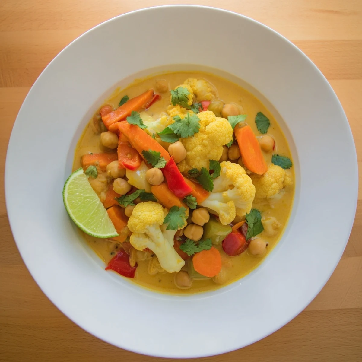 A steaming bowl of Curried Cauliflower and Chickpea Stew, garnished with fresh cilantro and lime.