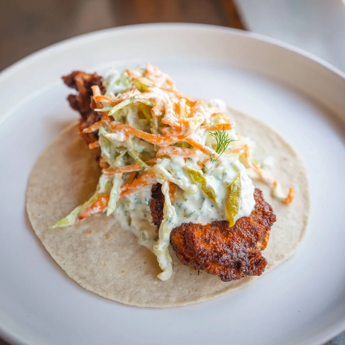 Freshly made Buffalo Chicken Smash Burger Tacos, beautifully presented with a vibrant and creamy slaw topping.