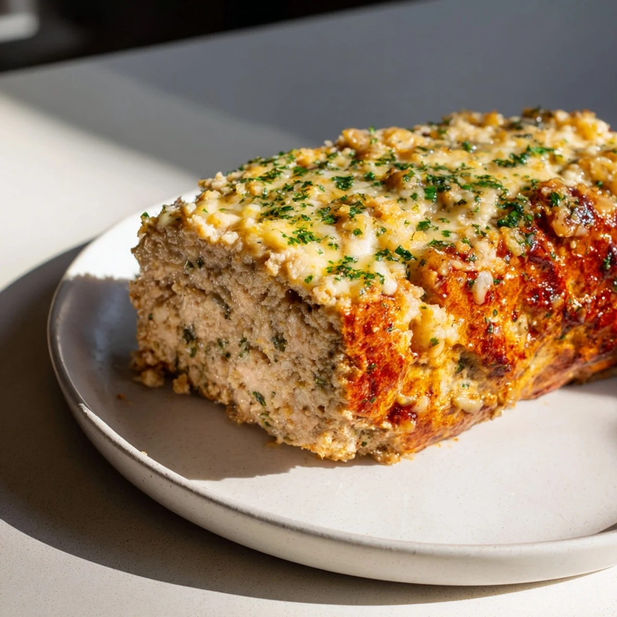 Juicy Garlic Parmesan Chicken Meatloaf, glistening with glaze, ready to serve with fresh parsley.