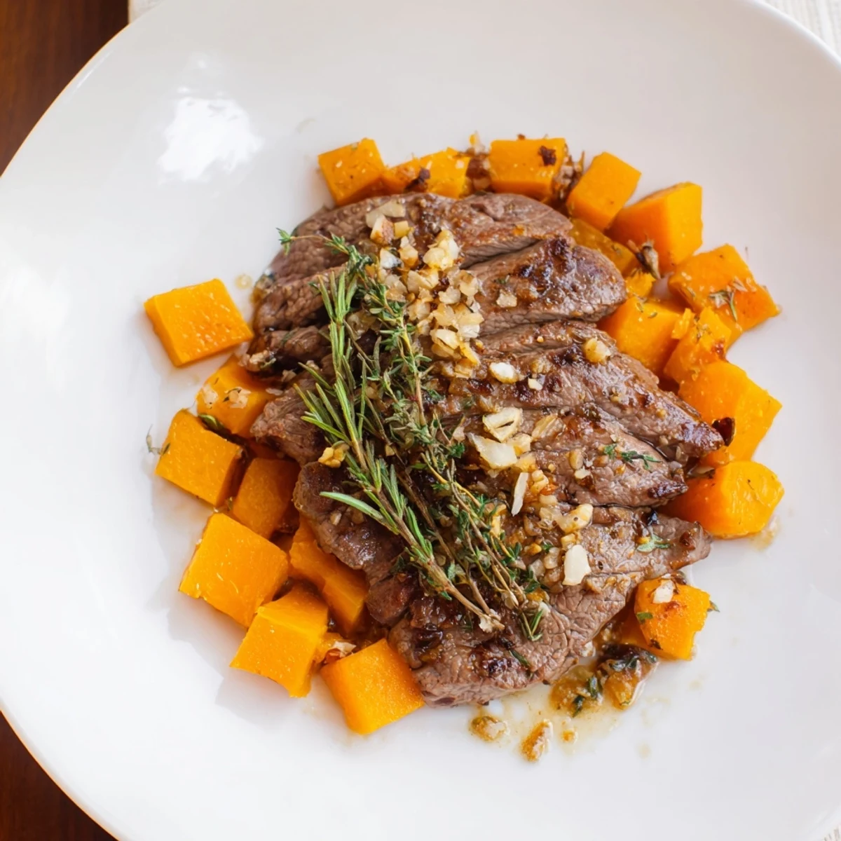 A delicious close-up of a hearty Butternut Squash & Garlic Herb Steak Bowl, ready to serve with fresh herbs.