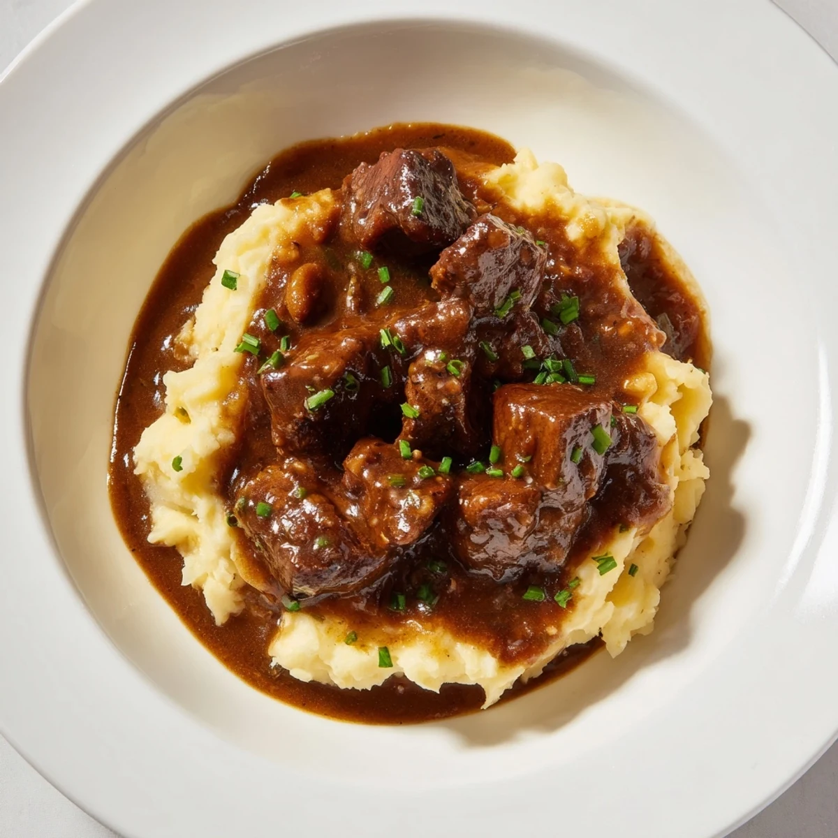 A close-up of Fall Apple Cider Stew Mash reveals steaming, rich beef stew atop creamy potato mash.