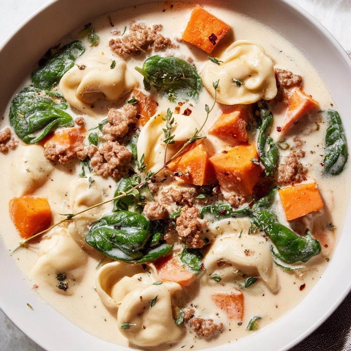 Creamy Sausage Tortellini Soup simmering with sweet potatoes and spinach, a rich and inviting meal.