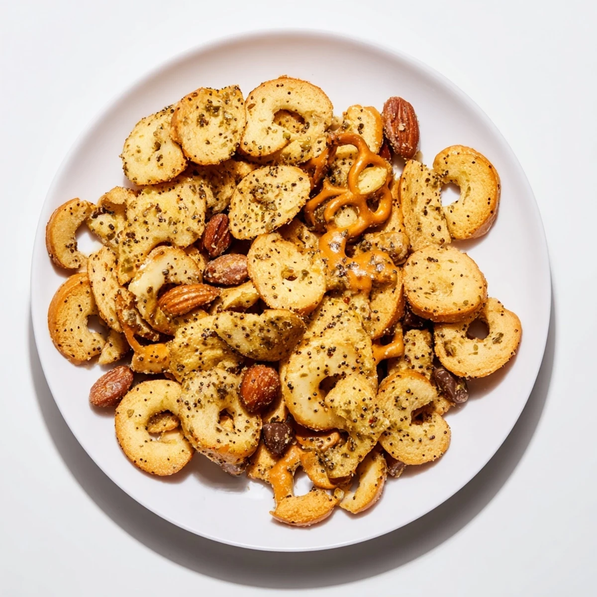 A vibrant pile of crispy Air Fryer Bagel Chip Christmas Mix, with pretzels, nuts, and festive colors.
