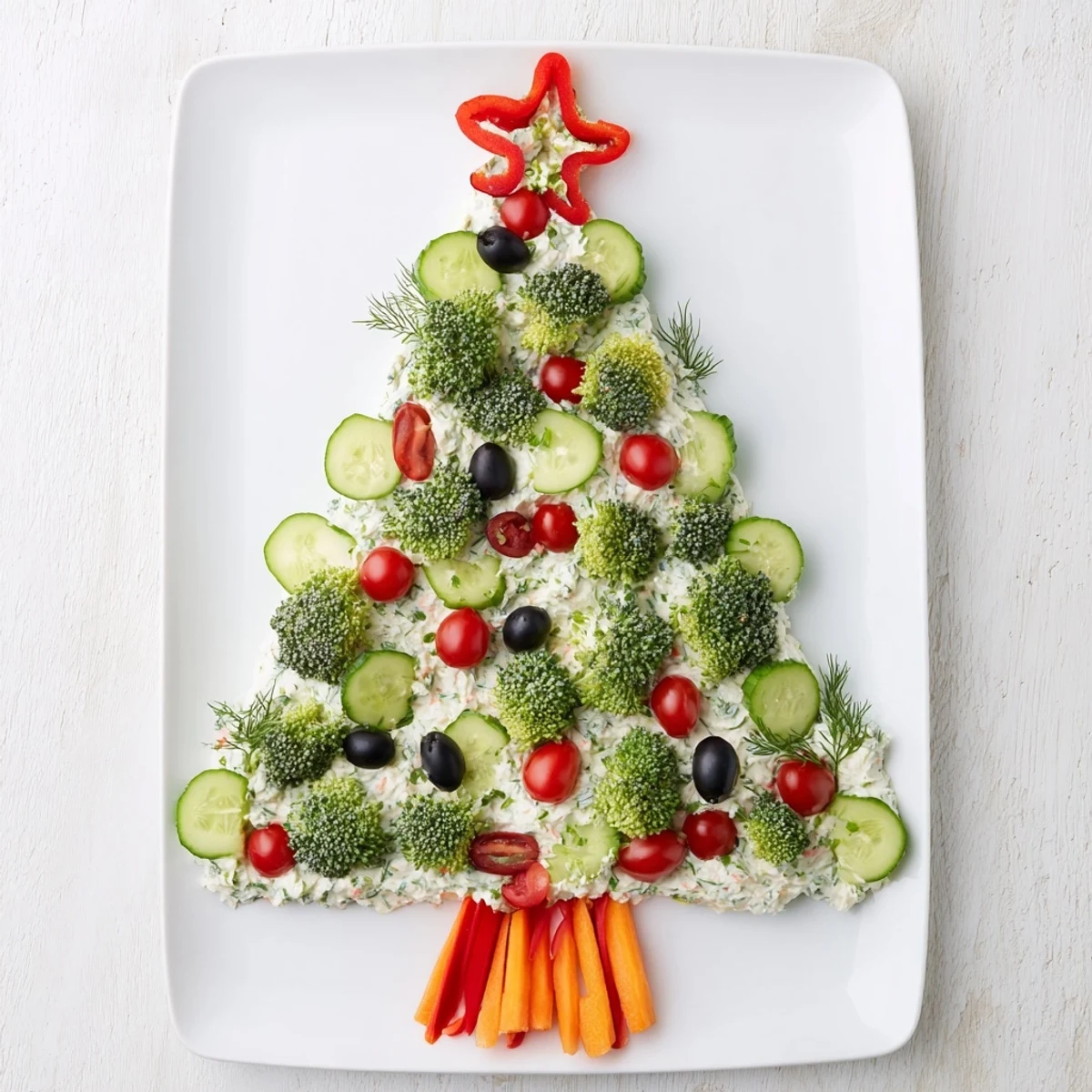 Vibrant Simplified Christmas Tree Dip surrounded by pretzels and vegetables perfect for holiday entertaining.