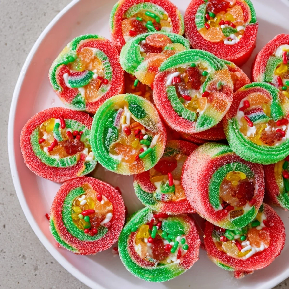 Close-up of the fun and colorful Easy Christmas Fruit Rollup Sushi, a kid-friendly dessert made with chewy fruit rollups.